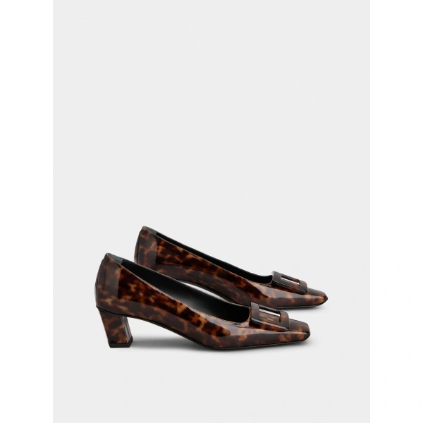Roger Vivier Belle Vivier Pumps in Brown Patent Leather, view 3 | Kitten Heels