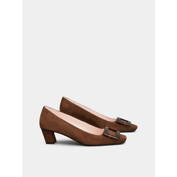 Roger Vivier Belle Vivier Pumps in Brown Suede, view 3 | Kitten Heels
