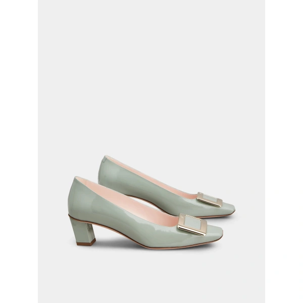 Roger Vivier Belle Vivier Pumps in Green Patent Leather, view 3 | Kitten Heels