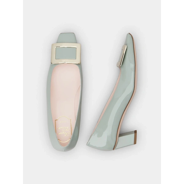 Roger Vivier Belle Vivier Pumps in Green Patent Leather, view 5 | Kitten Heels