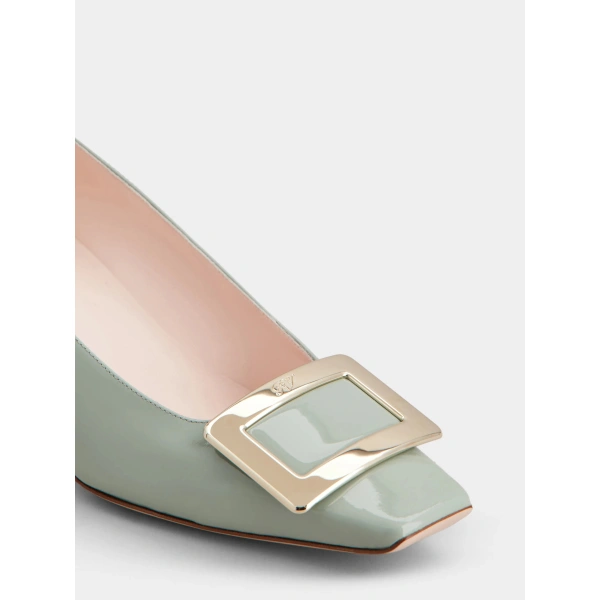 Roger Vivier Belle Vivier Pumps in Green Patent Leather, view 6 | Kitten Heels