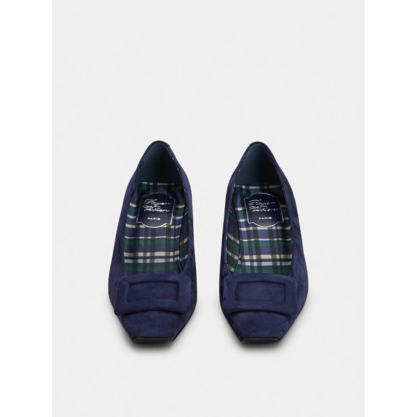 Roger Vivier Belle Vivier Pumps in Navy Blue Suede, view 2 | Kitten Heels