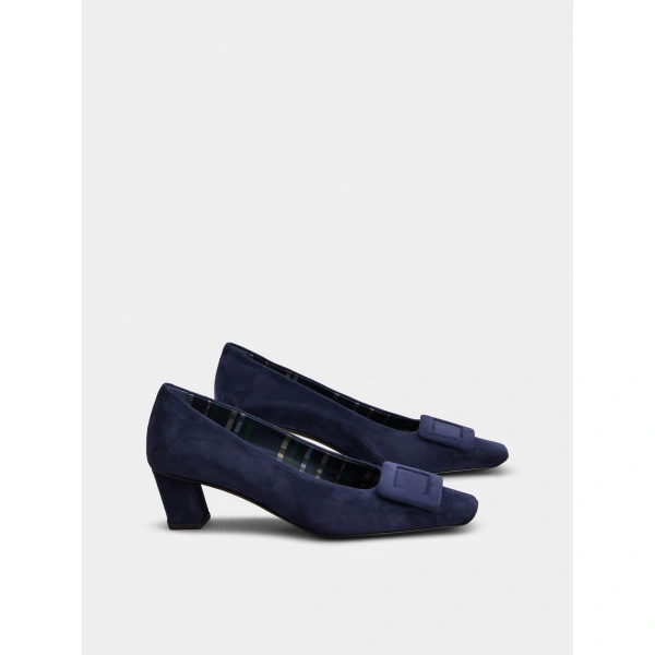 Roger Vivier Belle Vivier Pumps in Navy Blue Suede, view 3 | Kitten Heels