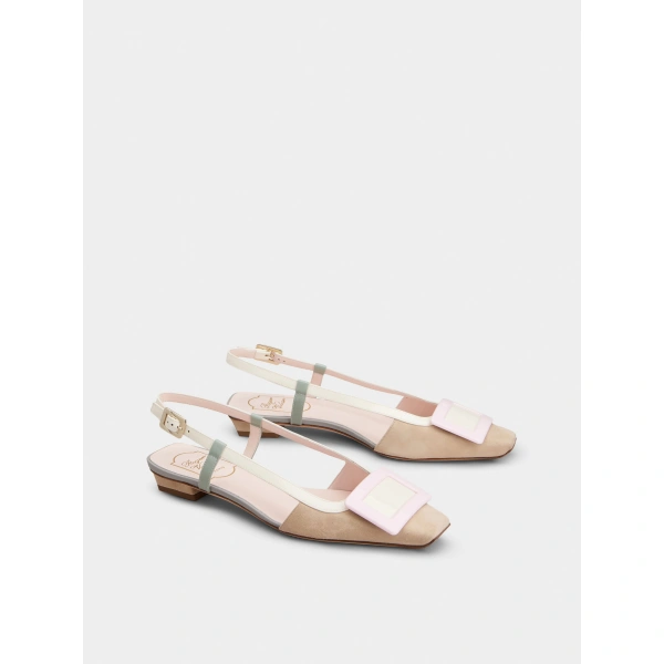 Roger Vivier Belle Vivier Slingback Ballerinas in Beige, Pink and Off White Suede, view 3 | Ballet Flats