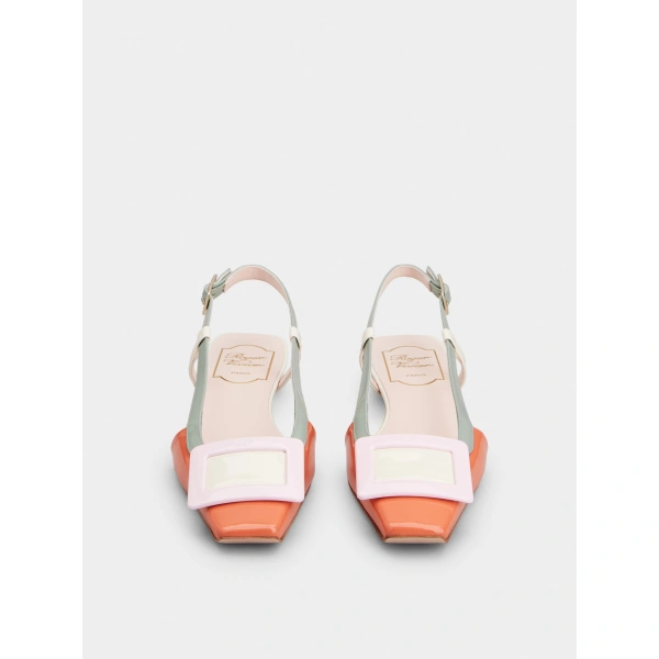 Roger Vivier Belle Vivier Slingback Ballerinas in Orange, Pink and Green Patent Leather, view 2 | Ballet Flats