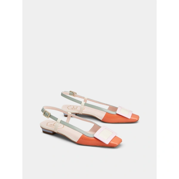 Roger Vivier Belle Vivier Slingback Ballerinas in Orange, Pink and Green Patent Leather, view 3 | Ballet Flats