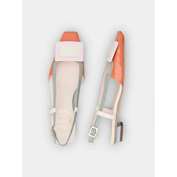 Roger Vivier Belle Vivier Slingback Ballerinas in Orange, Pink and Green Patent Leather, view 5 | Ballet Flats