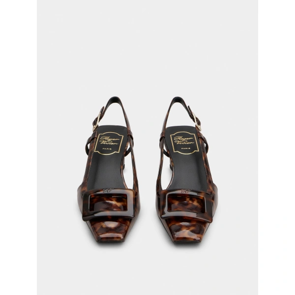 Roger Vivier Belle Vivier Slingback Pumps in Brown Patent Leather, view 2 | Kitten Heels