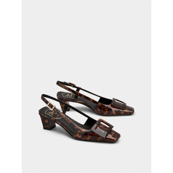 Roger Vivier Belle Vivier Slingback Pumps in Brown Patent Leather, view 3 | Kitten Heels