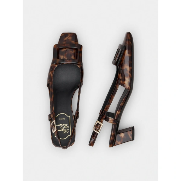 Roger Vivier Belle Vivier Slingback Pumps in Brown Patent Leather, view 5 | Kitten Heels