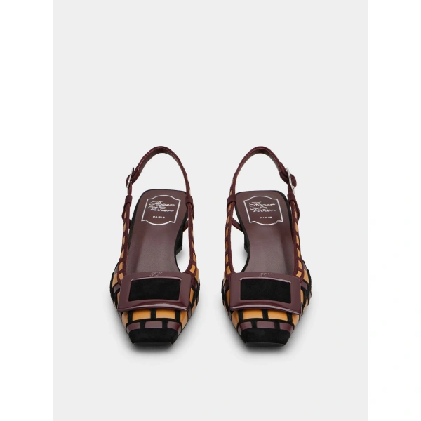 Roger Vivier Belle Vivier Slingback Pumps in Burgundy, Beige and Black Suede, view 2 | Kitten Heels