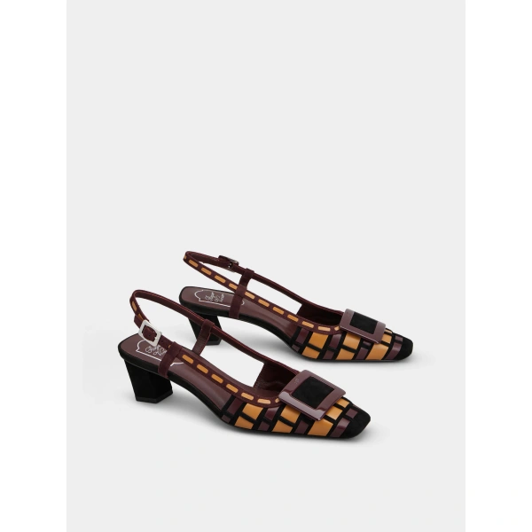 Roger Vivier Belle Vivier Slingback Pumps in Burgundy, Beige and Black Suede, view 3 | Kitten Heels