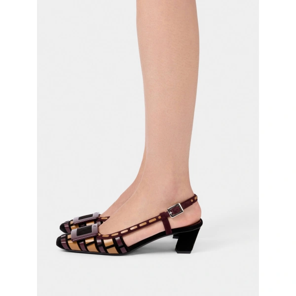 Roger Vivier Belle Vivier Slingback Pumps in Burgundy, Beige and Black Suede, view 4 | Kitten Heels