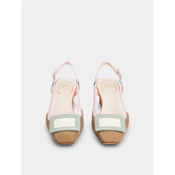 Roger Vivier Belle Vivier Slingback Pumps in Camel, Green and Pink Suede, view 2 | Kitten Heels