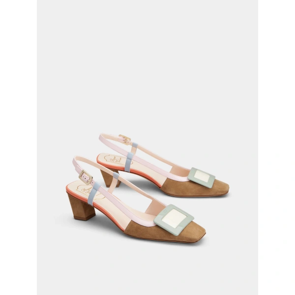 Roger Vivier Belle Vivier Slingback Pumps in Camel, Green and Pink Suede, view 3 | Kitten Heels