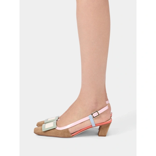 Roger Vivier Belle Vivier Slingback Pumps in Camel, Green and Pink Suede, view 4 | Kitten Heels