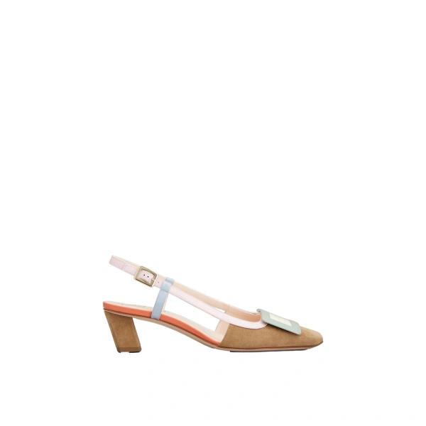 Roger Vivier Belle Vivier Slingback Pumps in Camel, Green and Pink Suede | Kitten Heels