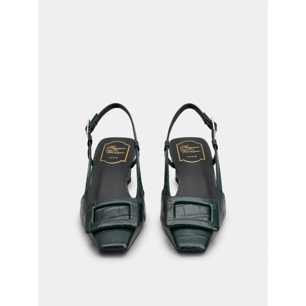 Roger Vivier Belle Vivier Slingback Pumps in Green Suede, view 2 | Kitten Heels