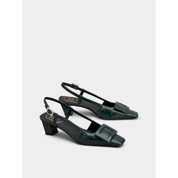 Roger Vivier Belle Vivier Slingback Pumps in Green Suede, view 3 | Kitten Heels
