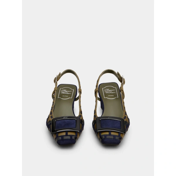 Roger Vivier Belle Vivier Slingback Pumps in Green and Navy Blue Suede, view 2 | Kitten Heels