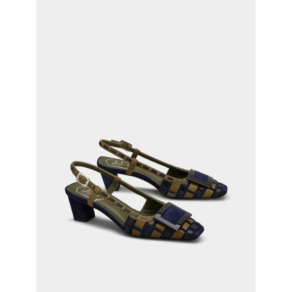 Roger Vivier Belle Vivier Slingback Pumps in Green and Navy Blue Suede, view 3 | Kitten Heels
