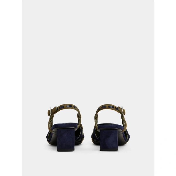 Roger Vivier Belle Vivier Slingback Pumps in Green and Navy Blue Suede, view 4 | Kitten Heels