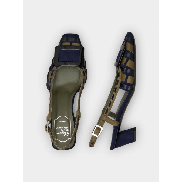 Roger Vivier Belle Vivier Slingback Pumps in Green and Navy Blue Suede, view 5 | Kitten Heels