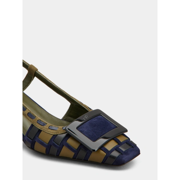 Roger Vivier Belle Vivier Slingback Pumps in Green and Navy Blue Suede, view 6 | Kitten Heels