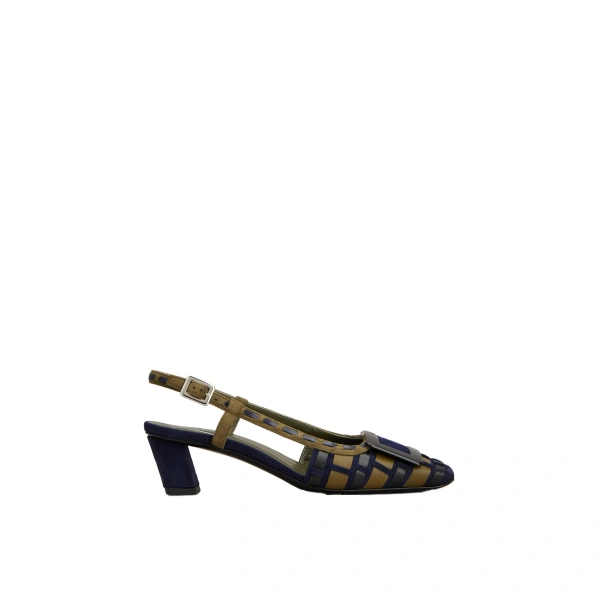 Roger Vivier Belle Vivier Slingback Pumps in Green and Navy Blue Suede | Kitten Heels
