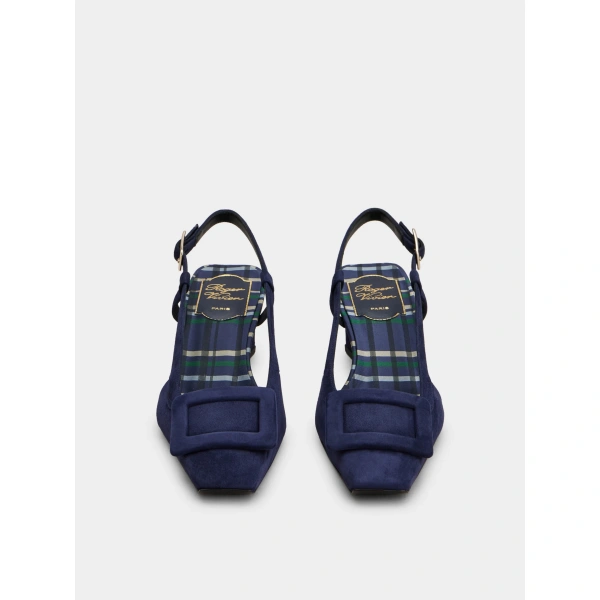 Roger Vivier Belle Vivier Slingback Pumps in Navy Blue Suede, view 2 | Kitten Heels