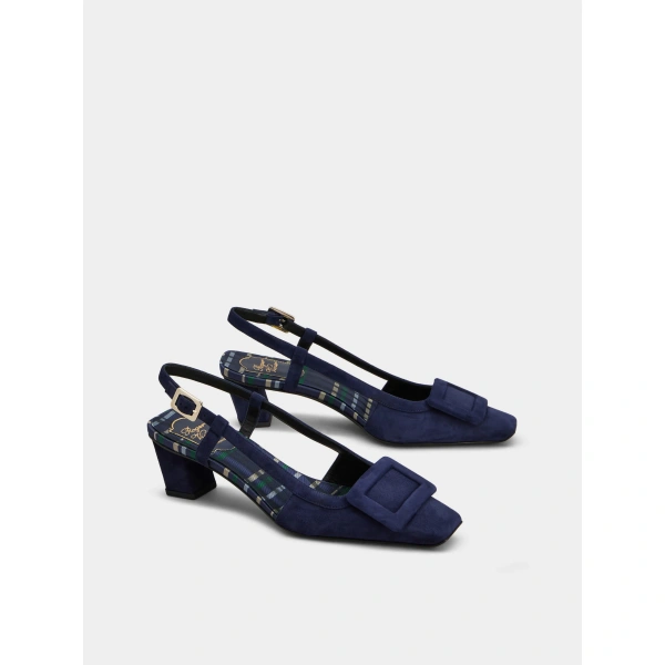 Roger Vivier Belle Vivier Slingback Pumps in Navy Blue Suede, view 3 | Kitten Heels