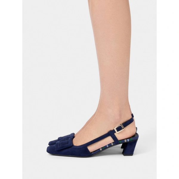 Roger Vivier Belle Vivier Slingback Pumps in Navy Blue Suede, view 4 | Kitten Heels
