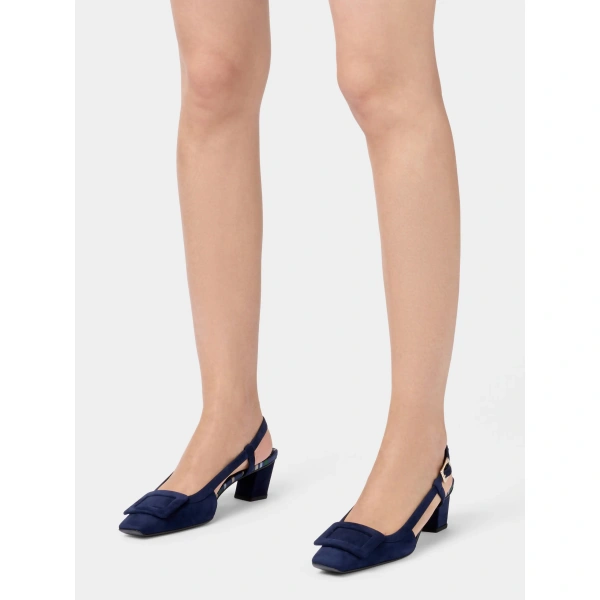 Roger Vivier Belle Vivier Slingback Pumps in Navy Blue Suede, view 5 | Kitten Heels