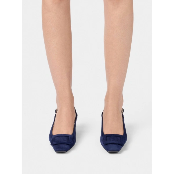 Roger Vivier Belle Vivier Slingback Pumps in Navy Blue Suede, view 6 | Kitten Heels
