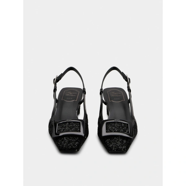 Roger Vivier Belle Vivier Slingback Pumps with Sequins in Black, view 2 | Kitten Heels
