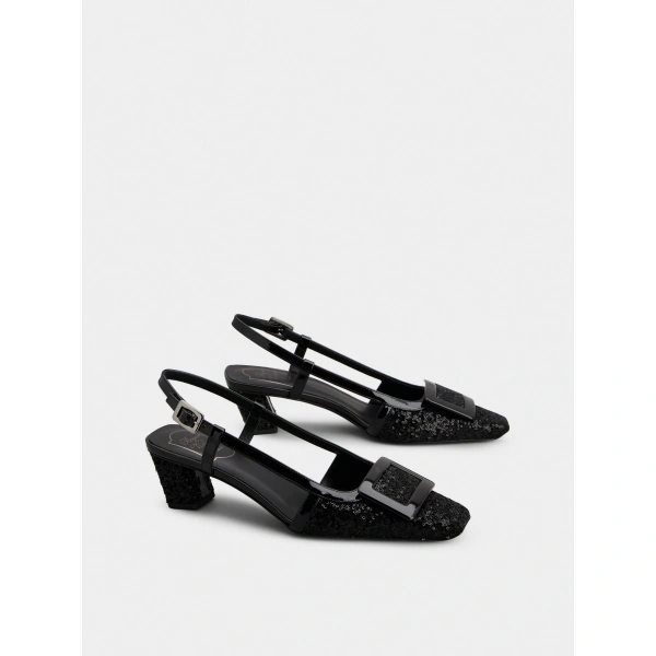 Roger Vivier Belle Vivier Slingback Pumps with Sequins in Black, view 3 | Kitten Heels
