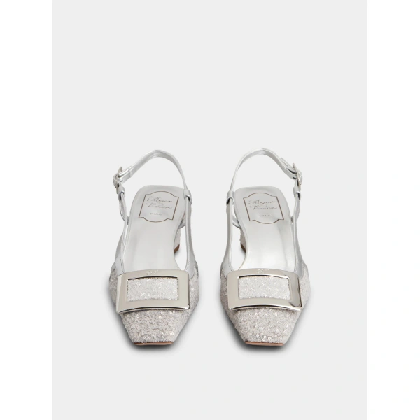 Roger Vivier Belle Vivier Slingback Pumps with Sequins in Silver, view 2 | Kitten Heels