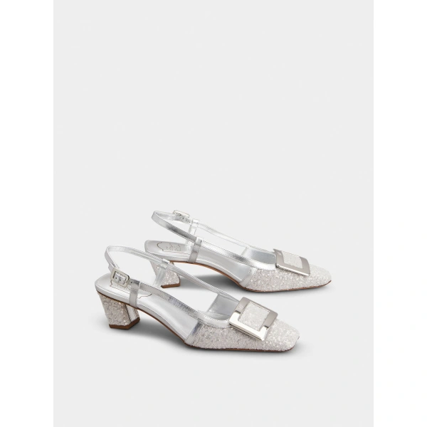 Roger Vivier Belle Vivier Slingback Pumps with Sequins in Silver, view 3 | Kitten Heels