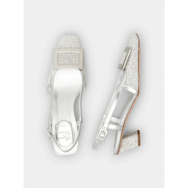 Roger Vivier Belle Vivier Slingback Pumps with Sequins in Silver, view 5 | Kitten Heels