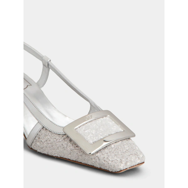 Roger Vivier Belle Vivier Slingback Pumps with Sequins in Silver, view 6 | Kitten Heels