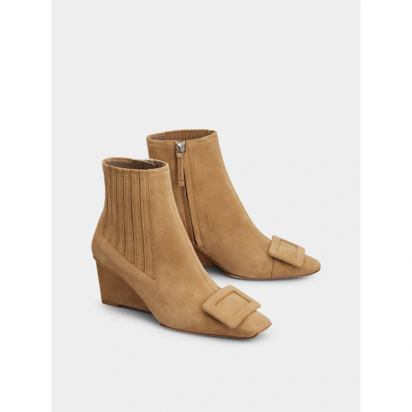 Roger Vivier Belle Vivier Wedge Booties in Beige Suede, view 3 | Ankle Boots