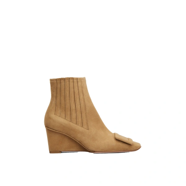 Belle Vivier Wedge Booties in Beige Suede