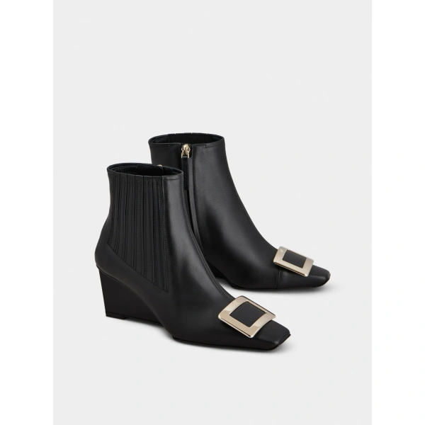 Roger Vivier Belle Vivier Wedge Booties in Black Leather, view 3 | Ankle Boots