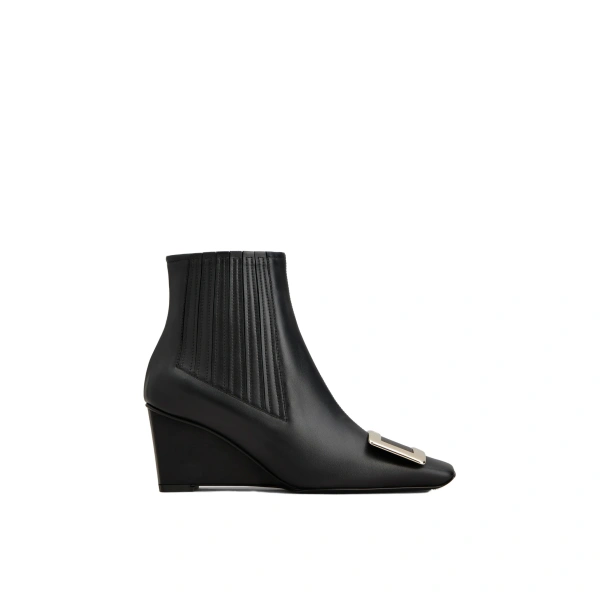 Belle Vivier Wedge Booties in Black Leather