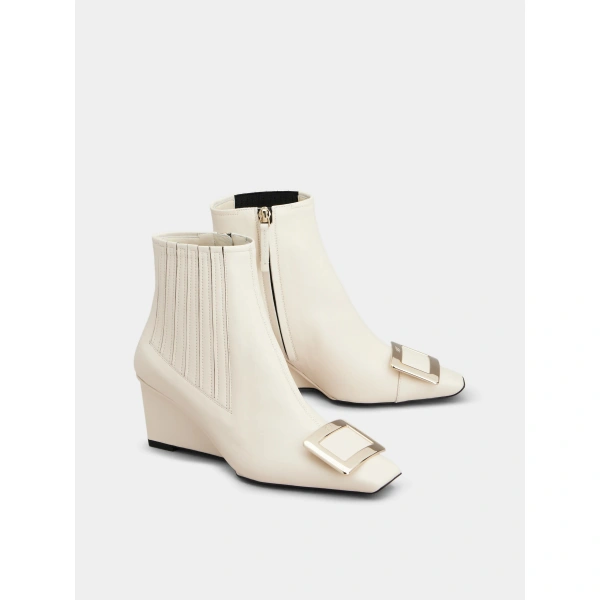Roger Vivier Belle Vivier Wedge Booties in Off White Leather, view 3 | Ankle Boots