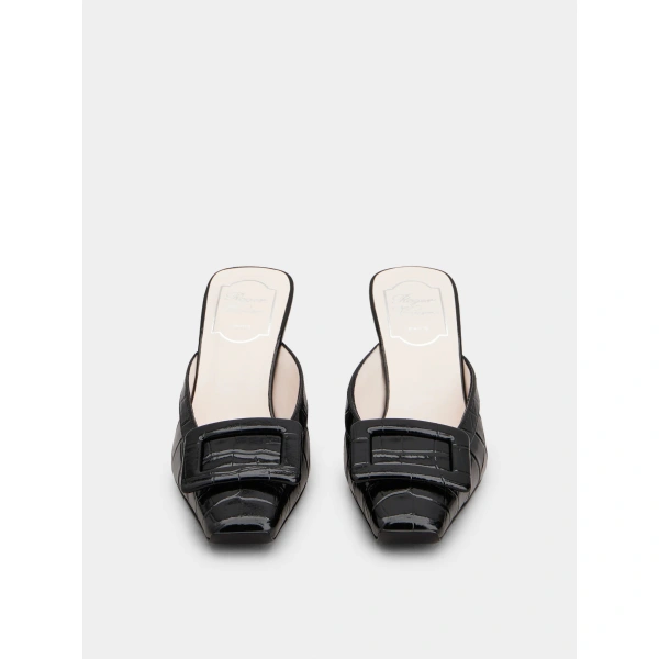 Roger Vivier Belle Vivier Wedge Mules in Black Leather, view 2 | Wedges