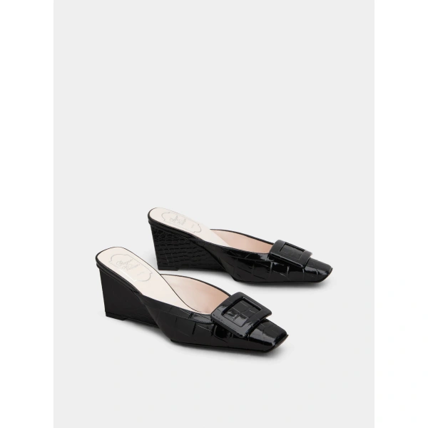 Roger Vivier Belle Vivier Wedge Mules in Black Leather, view 3 | Wedges