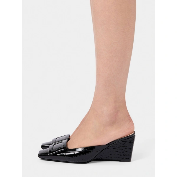 Roger Vivier Belle Vivier Wedge Mules in Black Leather, view 4 | Wedges