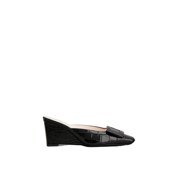 Belle Vivier Wedge Mules in Black Leather