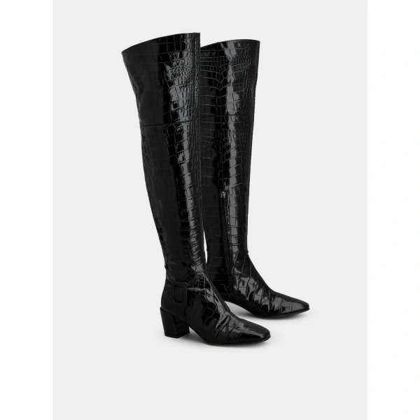 Roger Vivier Choc Cuissard Boots in Black Leather, view 3 | Knee-High Boots